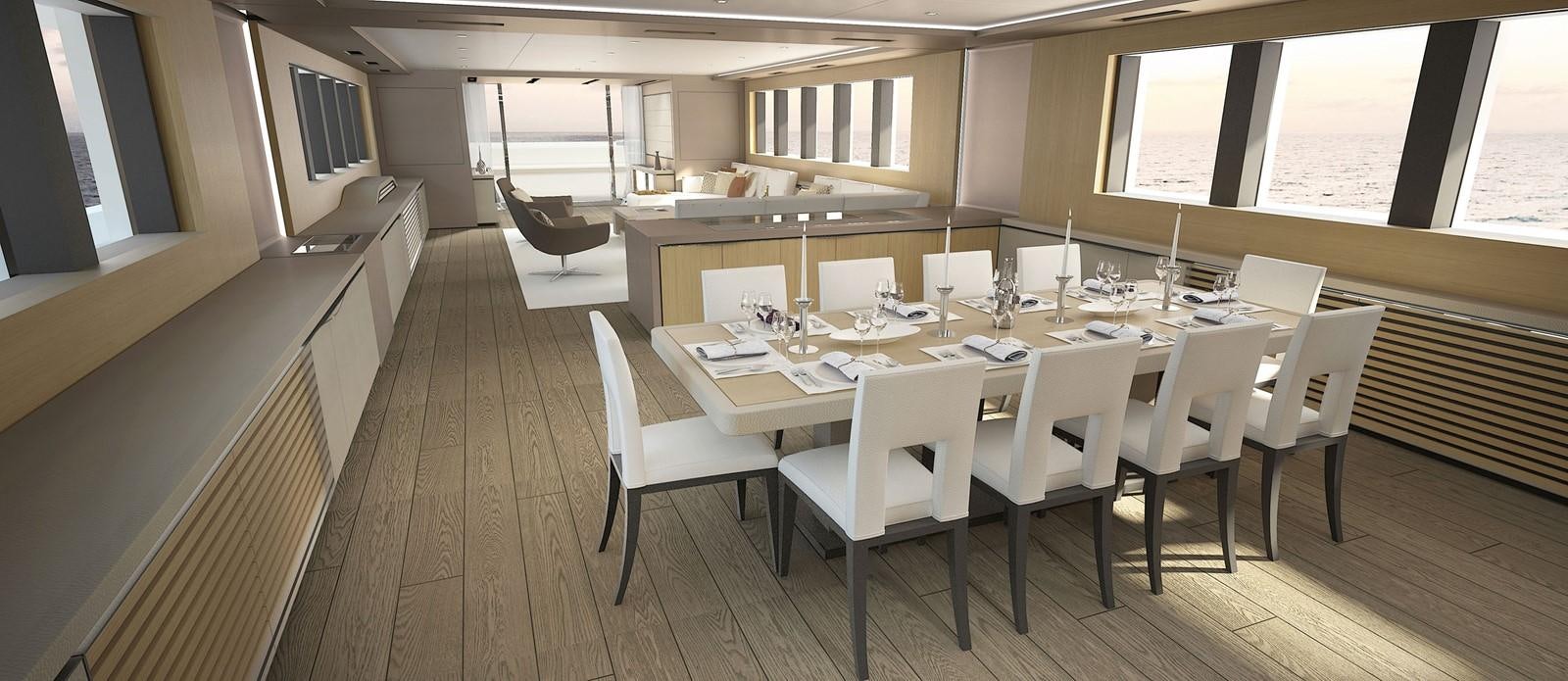 a conference room with tables and chairs aboard OCEA X47 Yacht for Sale