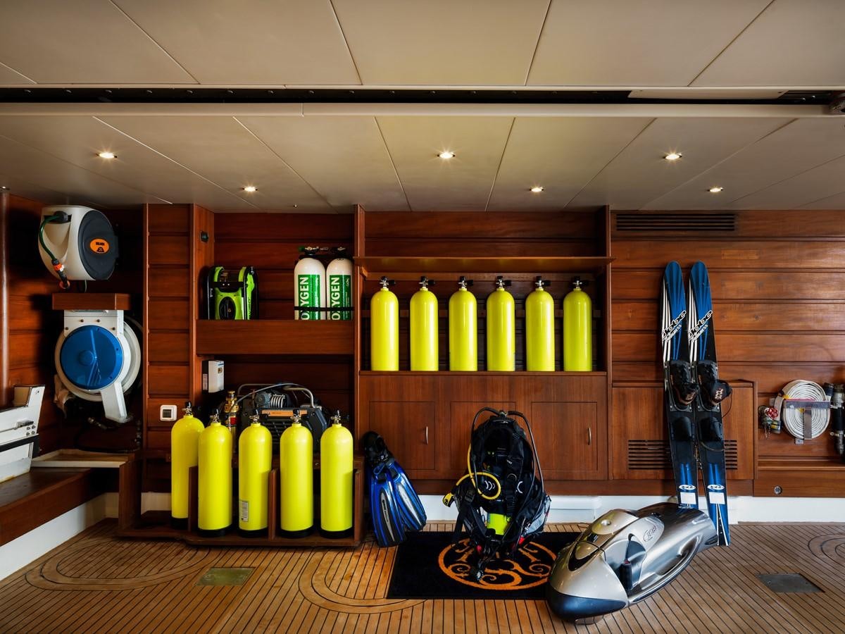 a room with a shelf and a fan aboard AQUAMARINA Yacht for Sale