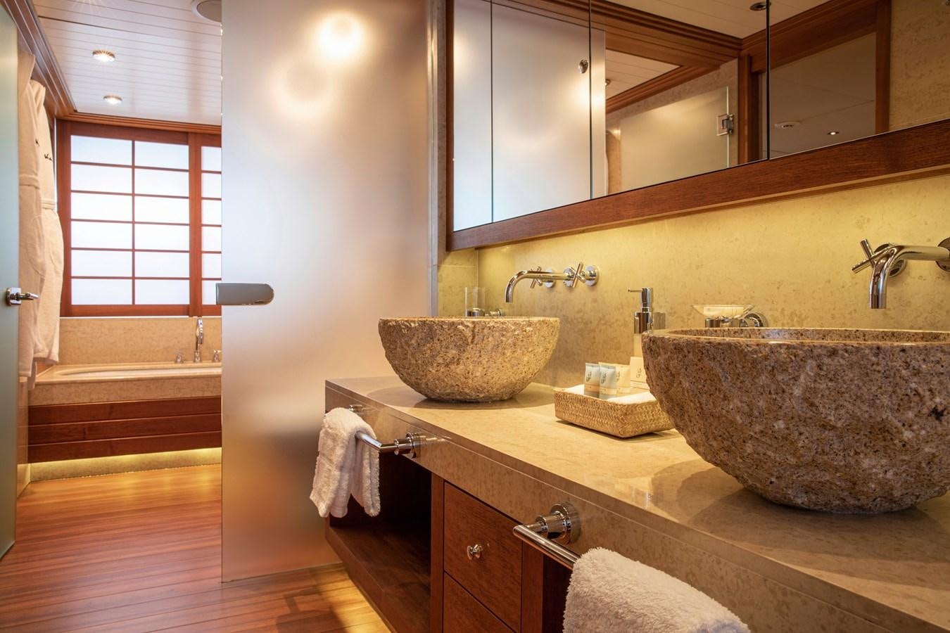 a bathroom with two sinks aboard VA BENE Yacht for Sale