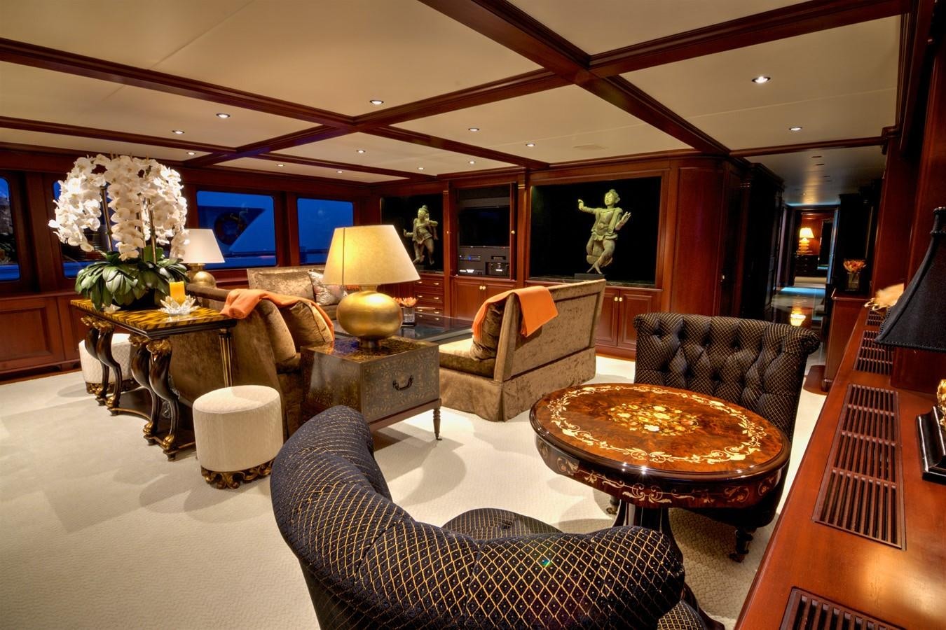 a living room with a large mirror aboard SCORPIO Yacht for Sale