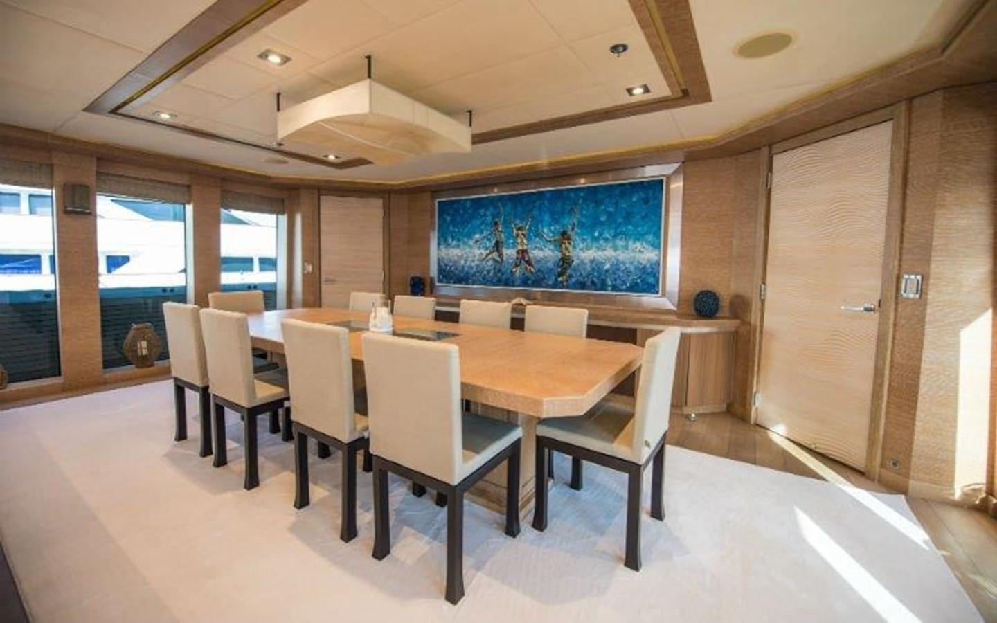 a conference room with tables and chairs aboard NORMA JEAN Yacht for Sale