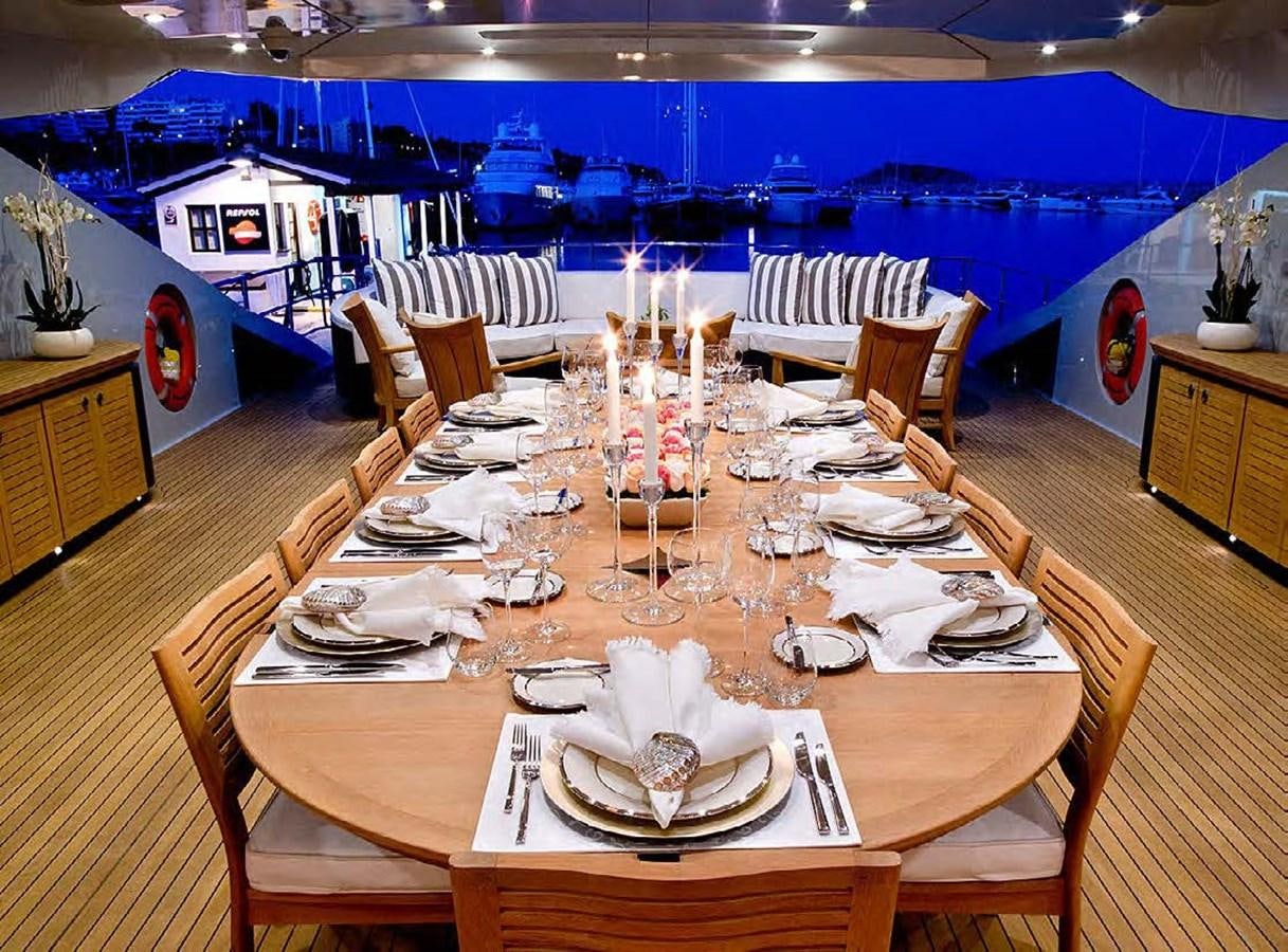 a dining room with a table set for a dinner aboard NORMA JEAN Yacht for Sale