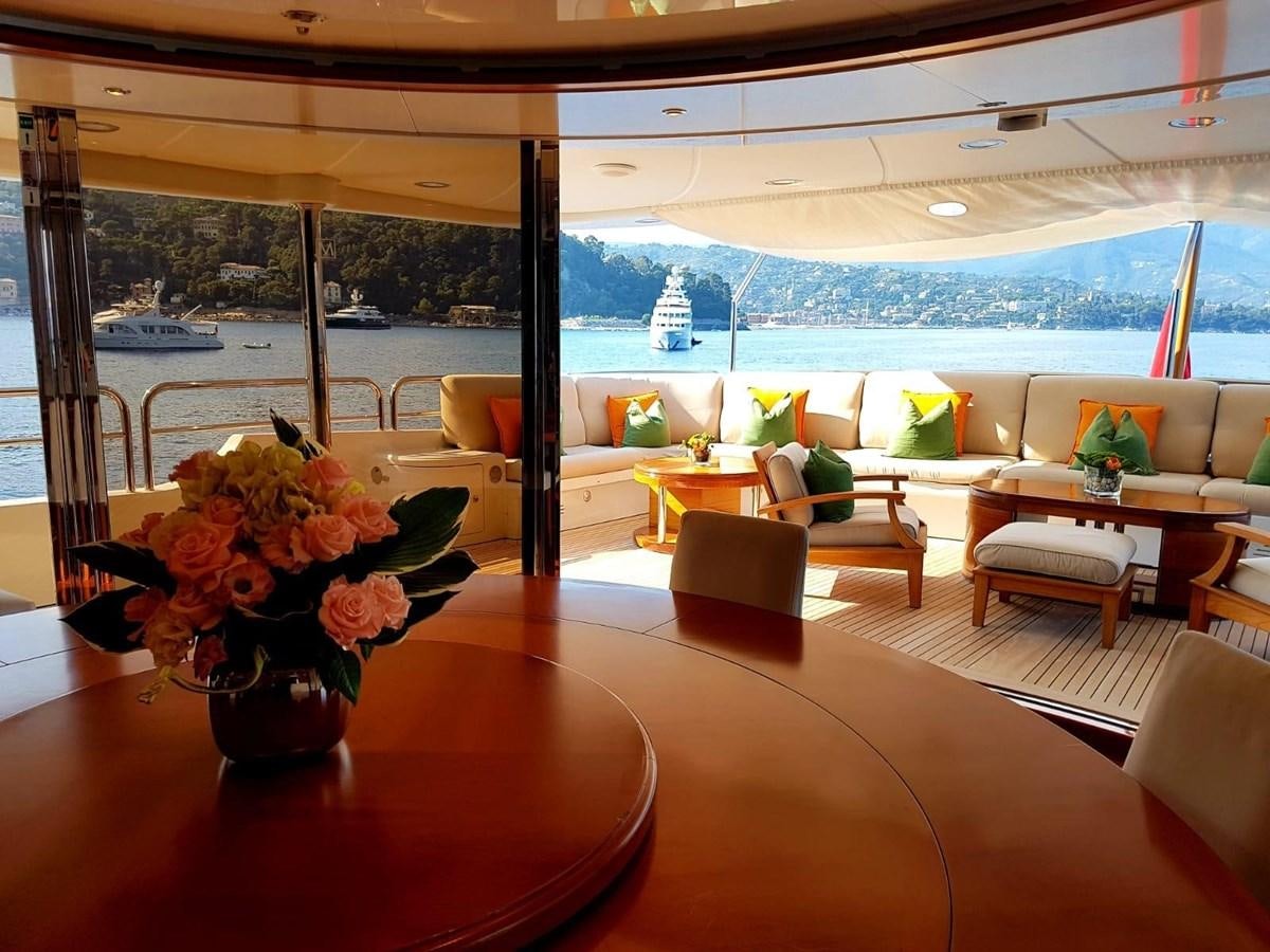 a room with a table and chairs aboard MORE Yacht for Sale