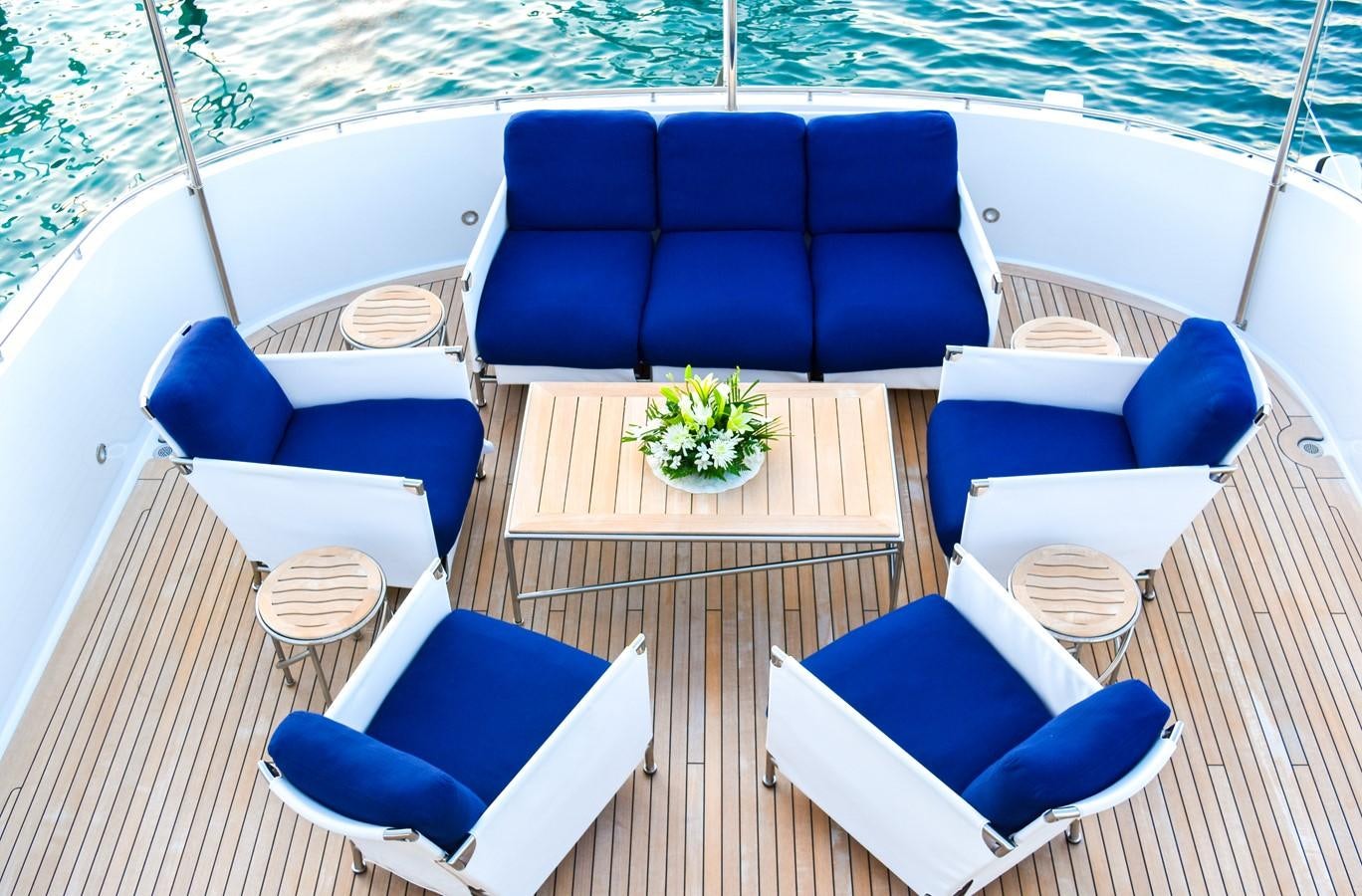 a boat with a table and chairs on the deck aboard OCTOPUSSY Yacht for Sale