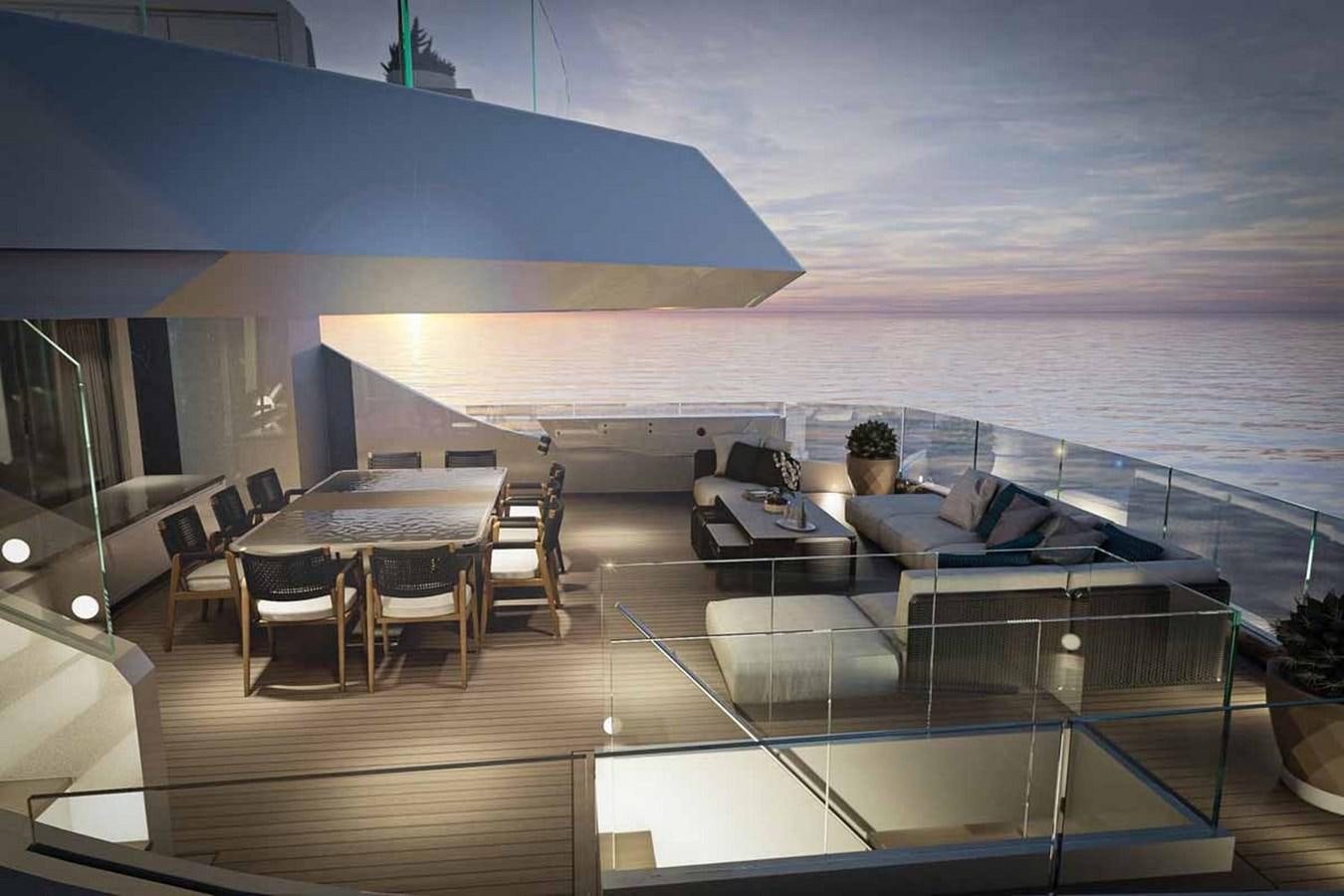 a large deck with a pool and a deck with chairs and tables aboard HALARA (NAME RESERVED) Yacht for Sale