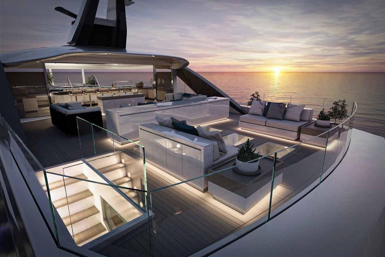 a balcony with a couch and a pool aboard HALARA (NAME RESERVED) Yacht for Sale