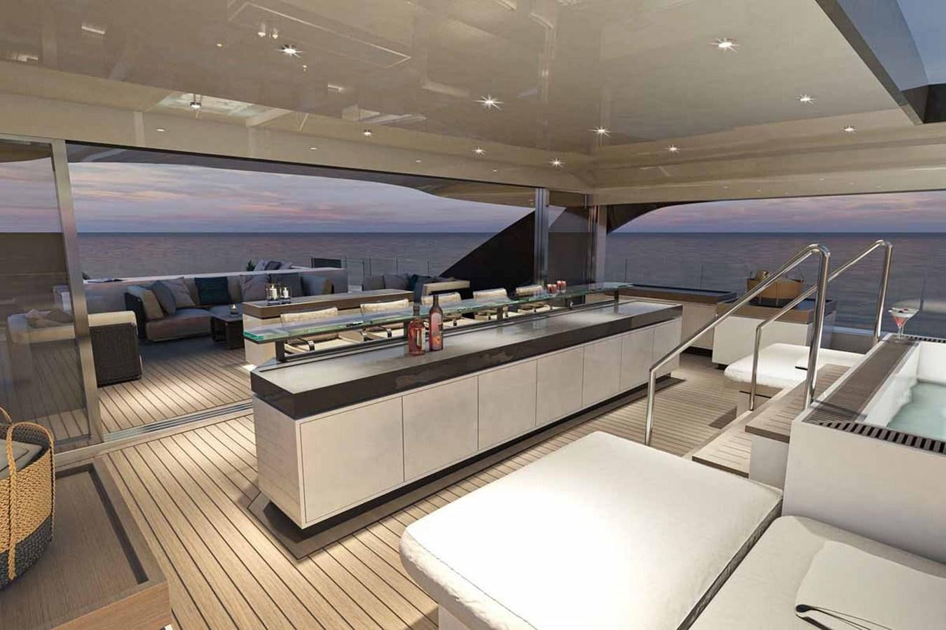 a room with a large bar and a large table with chairs aboard HALARA (NAME RESERVED) Yacht for Sale