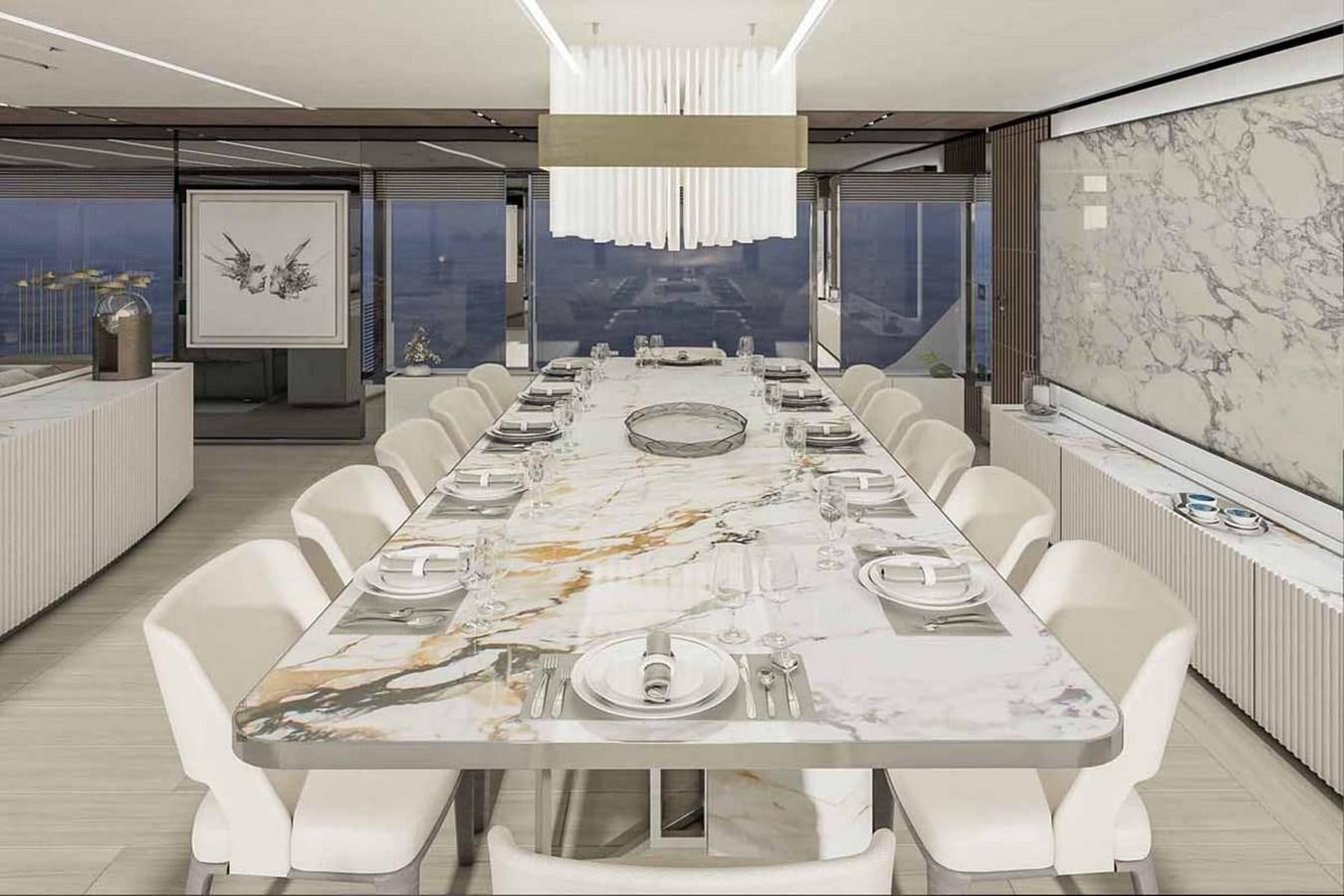 a large dining room with white chairs aboard HALARA (NAME RESERVED) Yacht for Sale