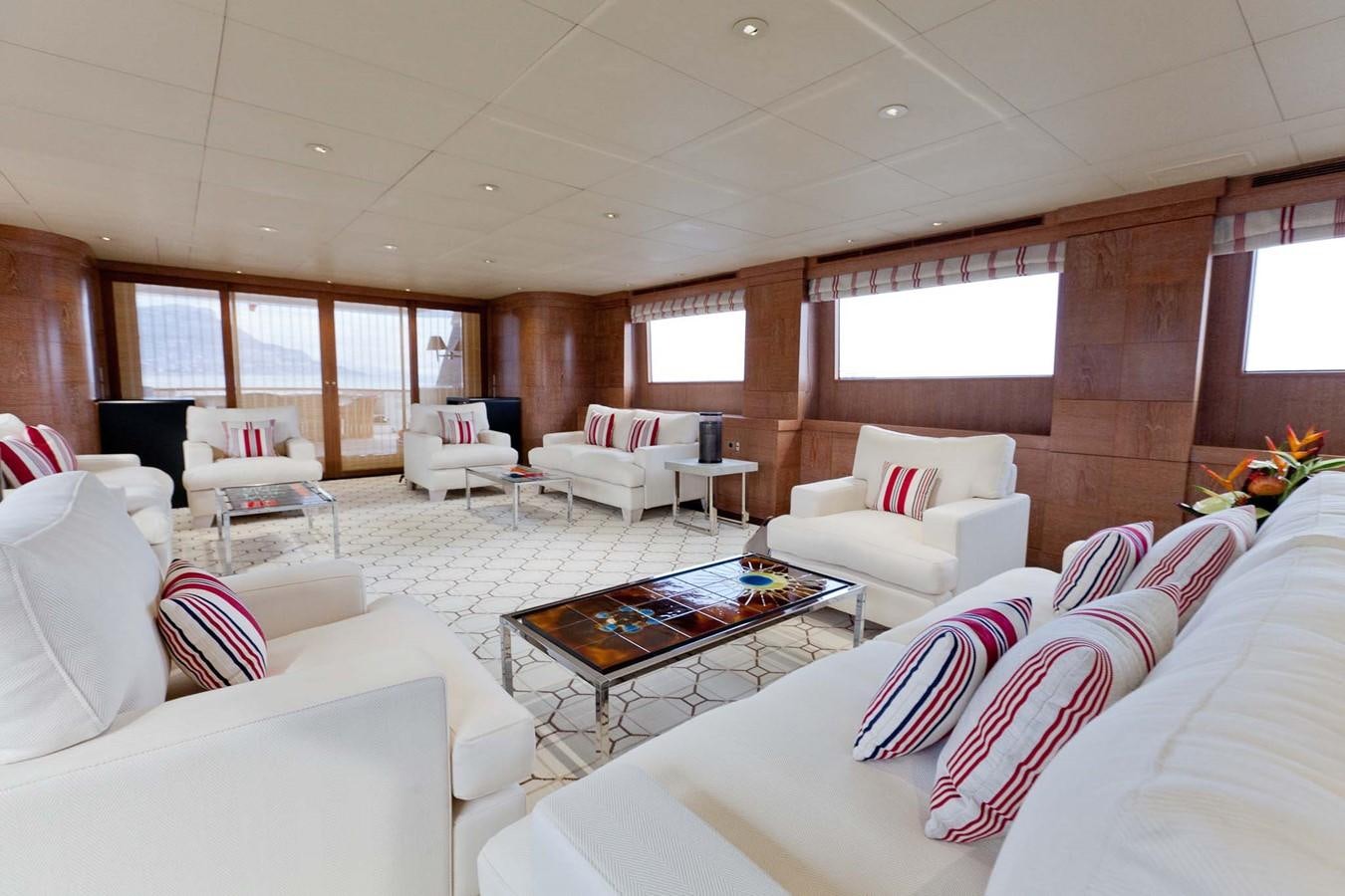 a living room with white couches and a coffee table aboard ELEMENT Yacht for Sale