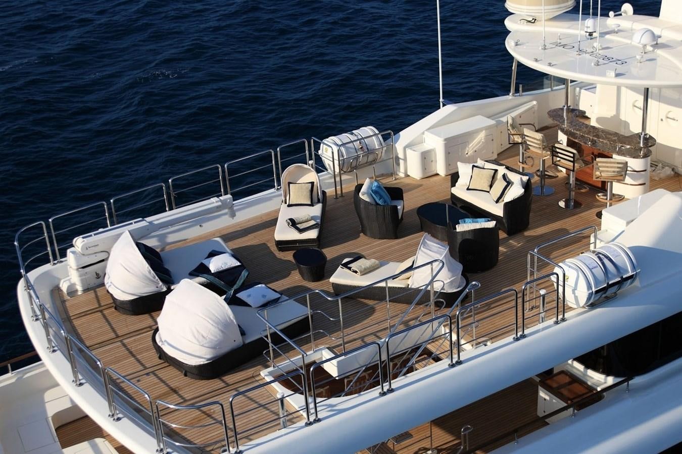 a cruise ship with a deck and chairs on it aboard BEHIKE Yacht for Sale