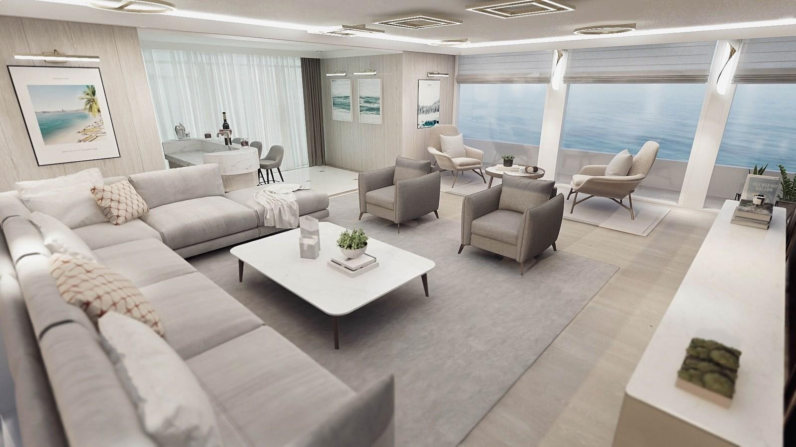 a living room with a large window aboard EXPLORER ICE CLASS Yacht for Sale