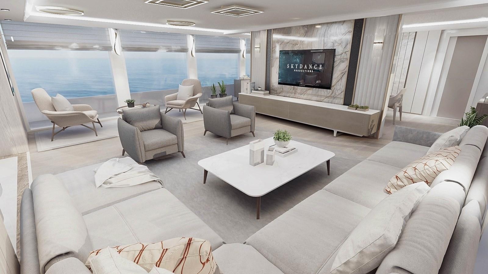 a living room with a large television aboard EXPLORER ICE CLASS Yacht for Sale