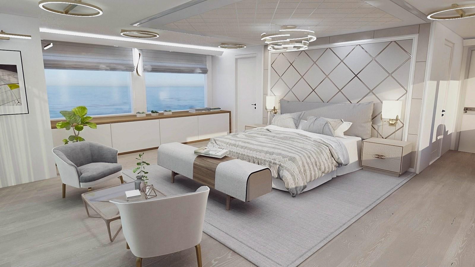 a large white bedroom with a large bed and a chair aboard EXPLORER ICE CLASS Yacht for Sale