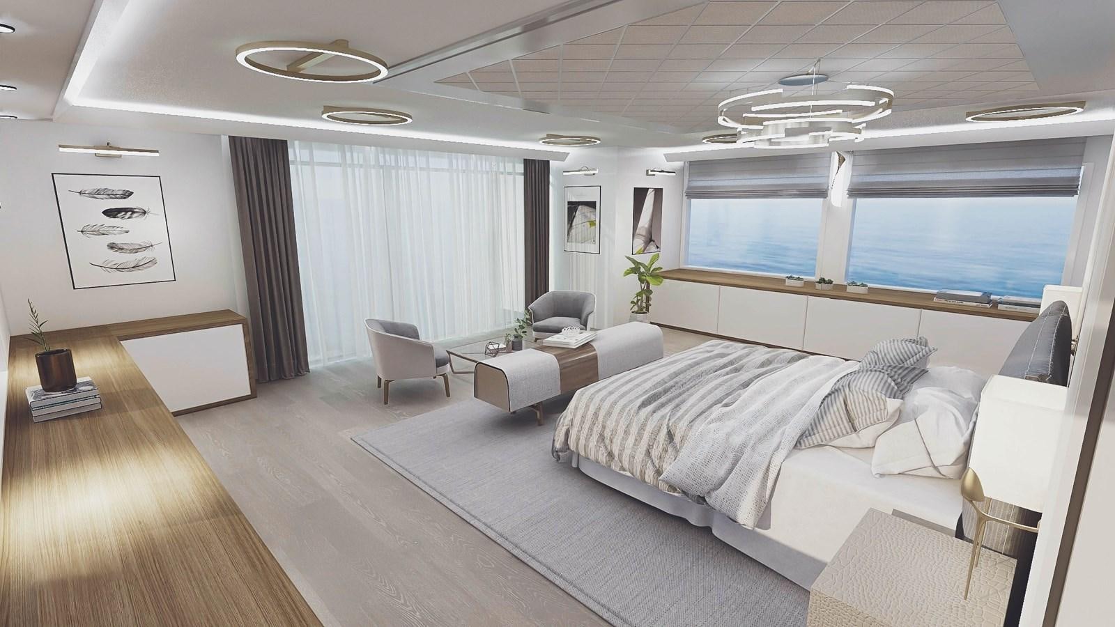 a room with a bed and a large window aboard EXPLORER ICE CLASS Yacht for Sale