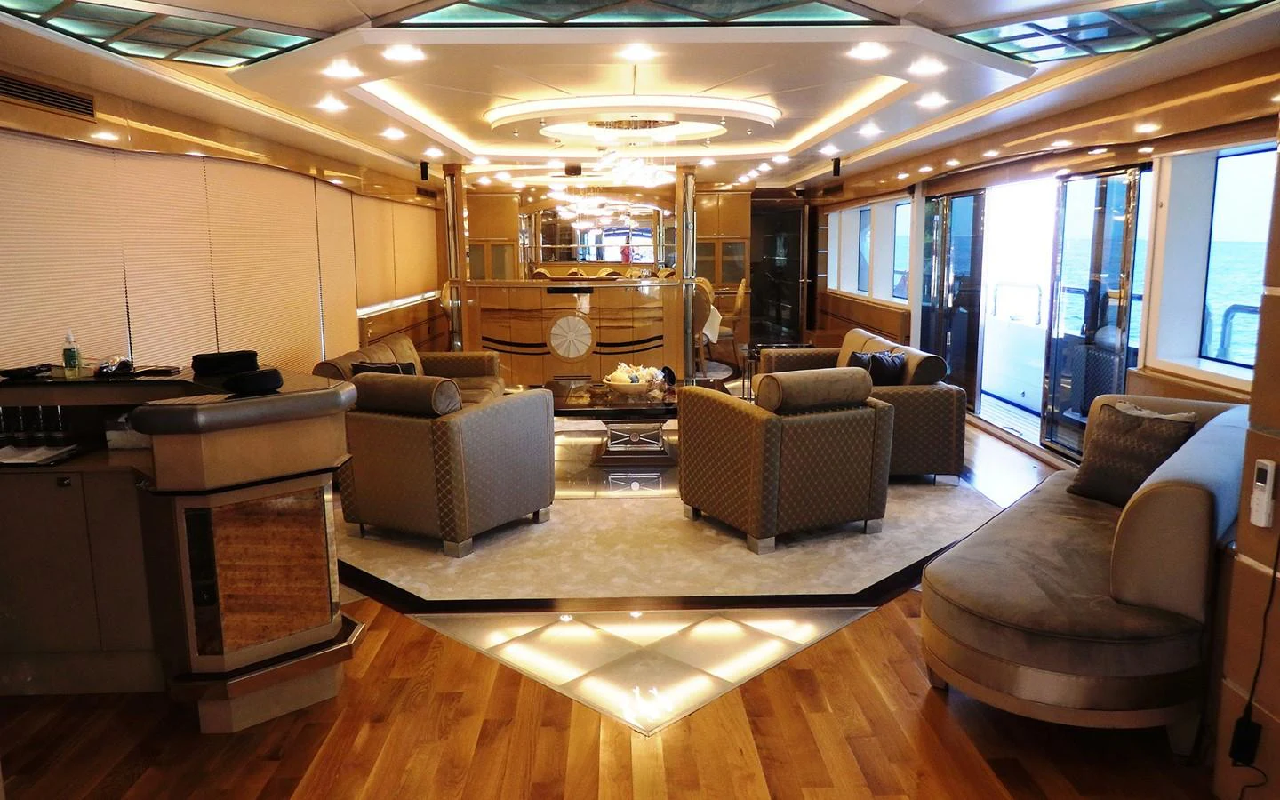 a living room with a large window aboard DESTINY Yacht for Sale