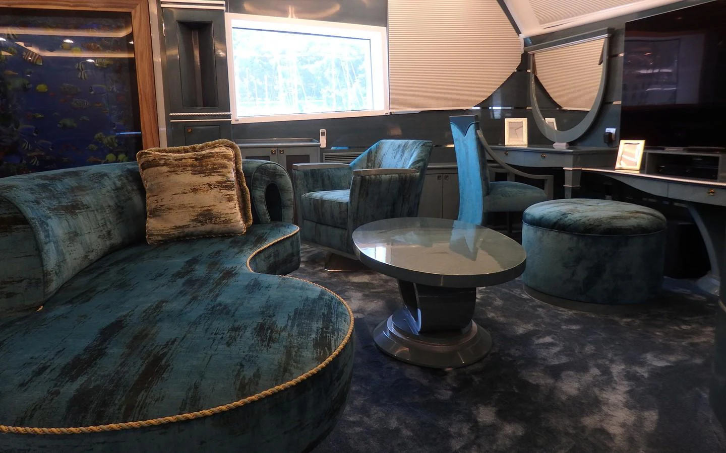 a room with couches and chairs aboard DESTINY Yacht for Sale