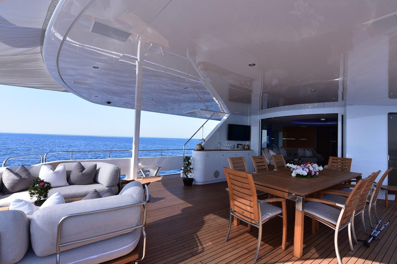 a living room with a large open roof aboard LIFE SAGA Yacht for Sale