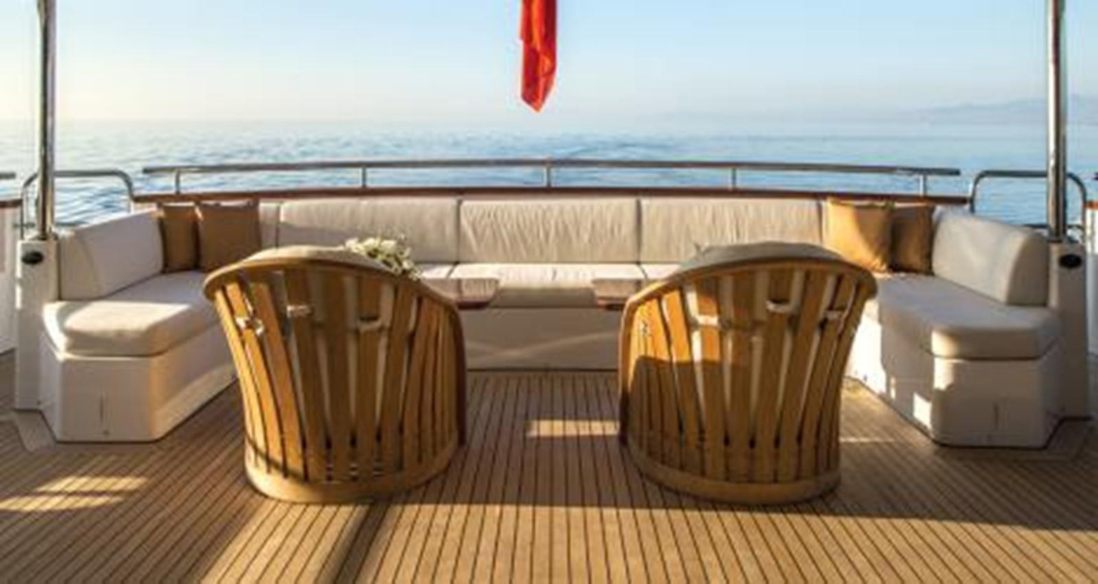 a deck with chairs and a table on it aboard NELA Yacht for Sale