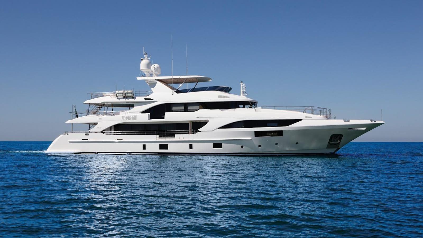 a white yacht in the water aboard ORYX Yacht for Sale
