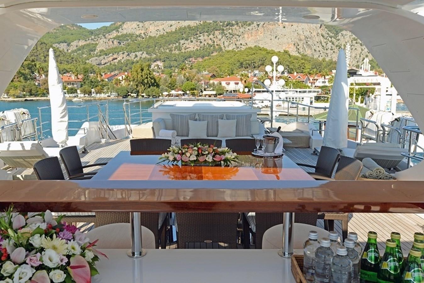 a room with tables and chairs and a large building with a hill in the background aboard ORYX Yacht for Sale
