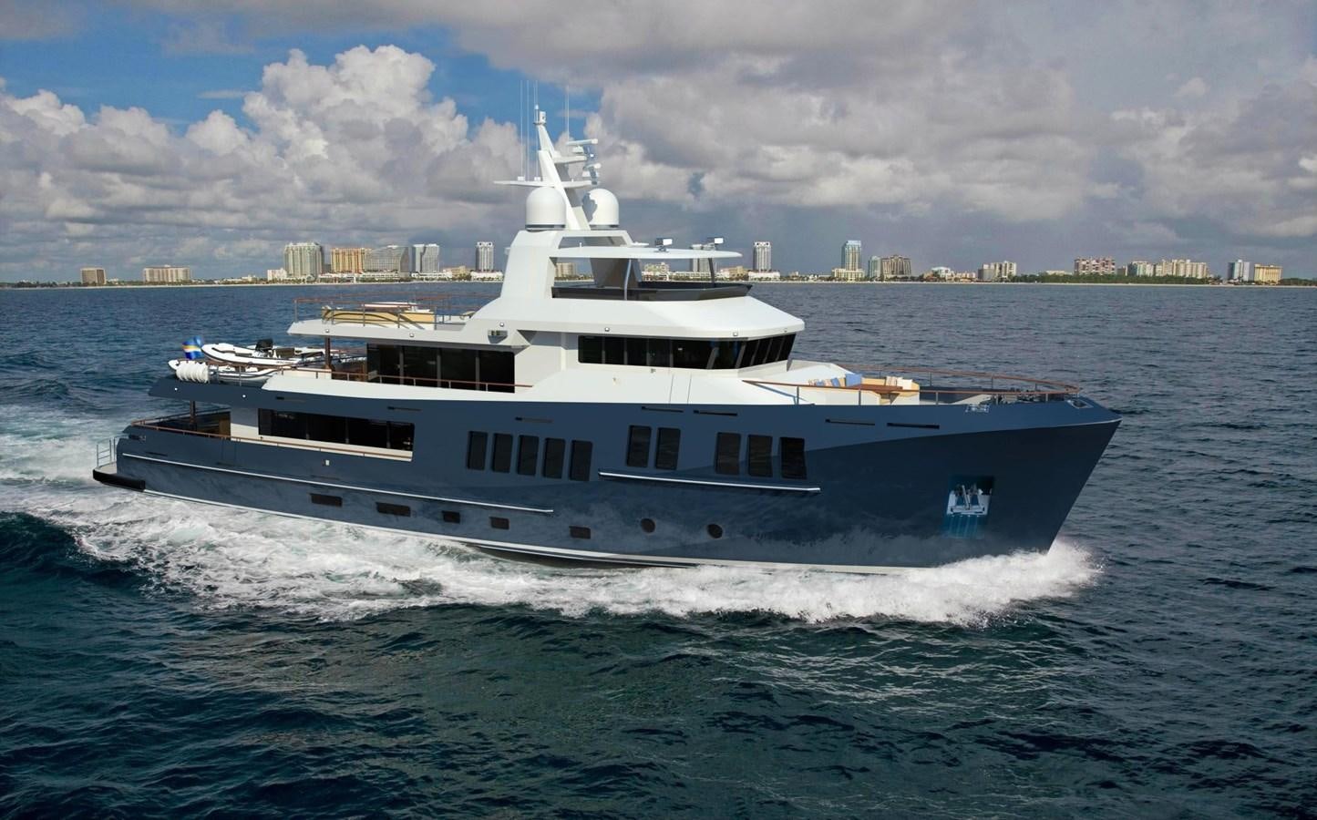 a large white boat in the water aboard BERING B130 Yacht for Sale
