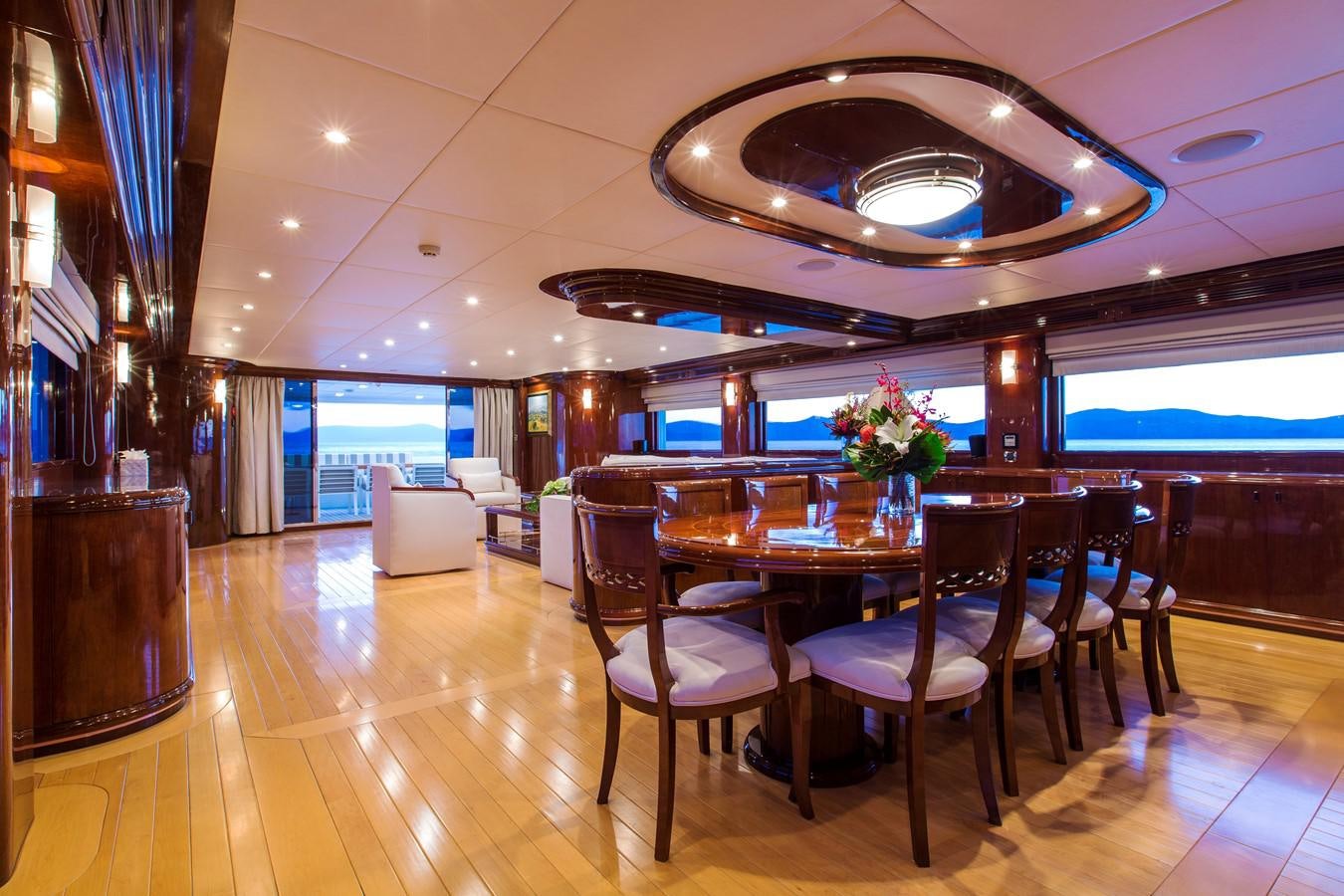a large dining room with a table and chairs aboard SILENTWORLD Yacht for Sale