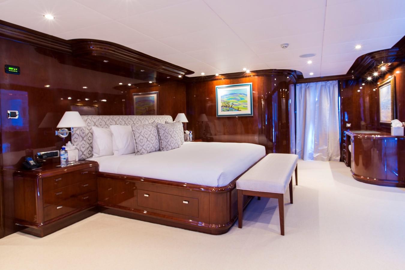 a bed in a room aboard SILENTWORLD Yacht for Sale