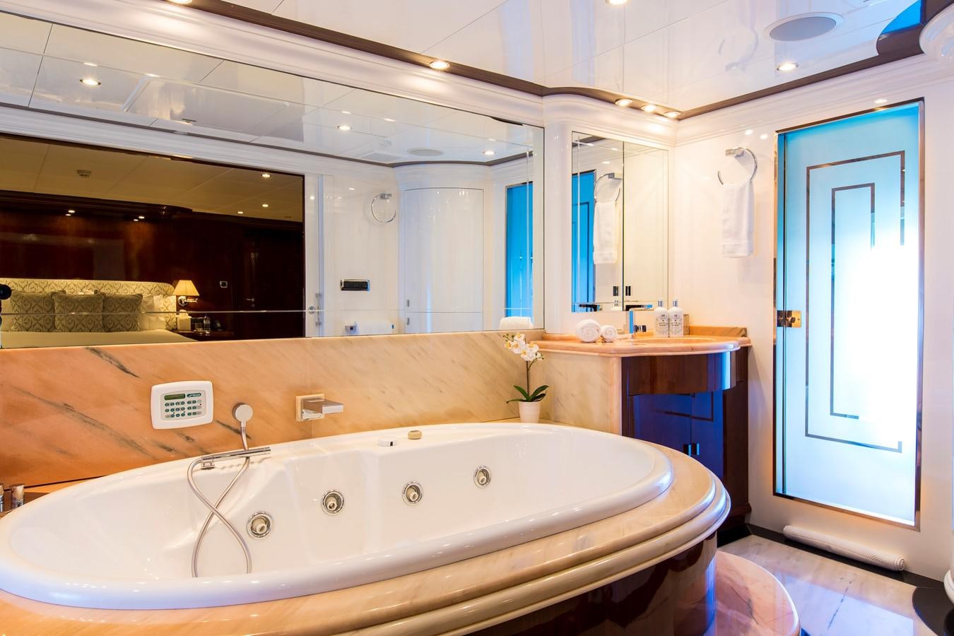 a large bathtub in a bathroom aboard SILENTWORLD Yacht for Sale