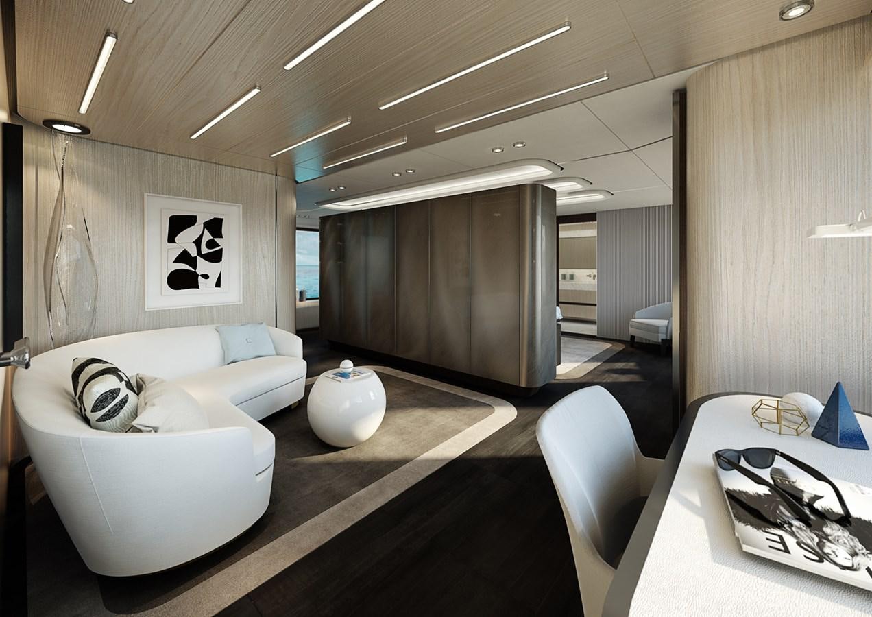 a room with a couch and a table aboard CROSSOVER Yacht for Sale