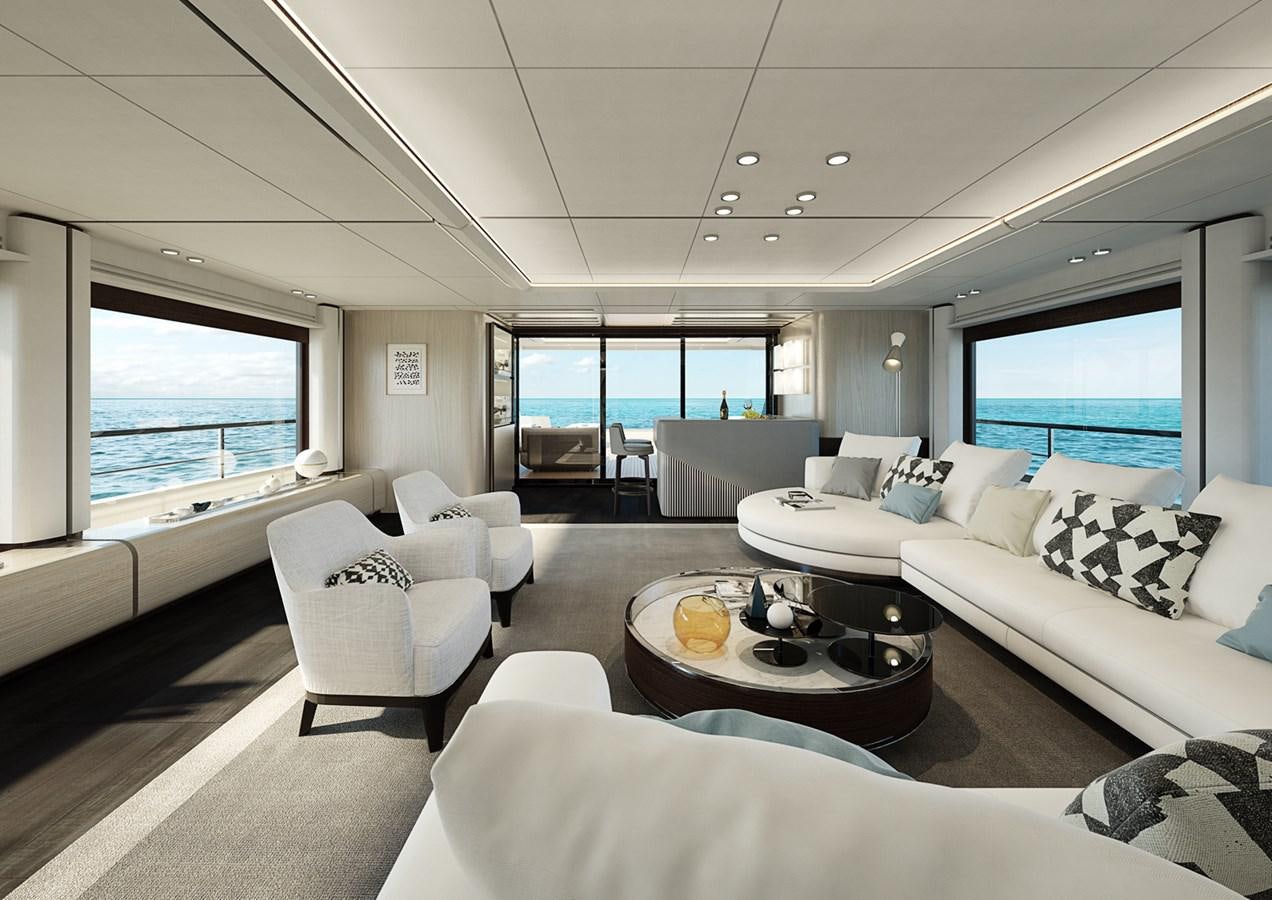 a living room with a large window aboard CROSSOVER Yacht for Sale