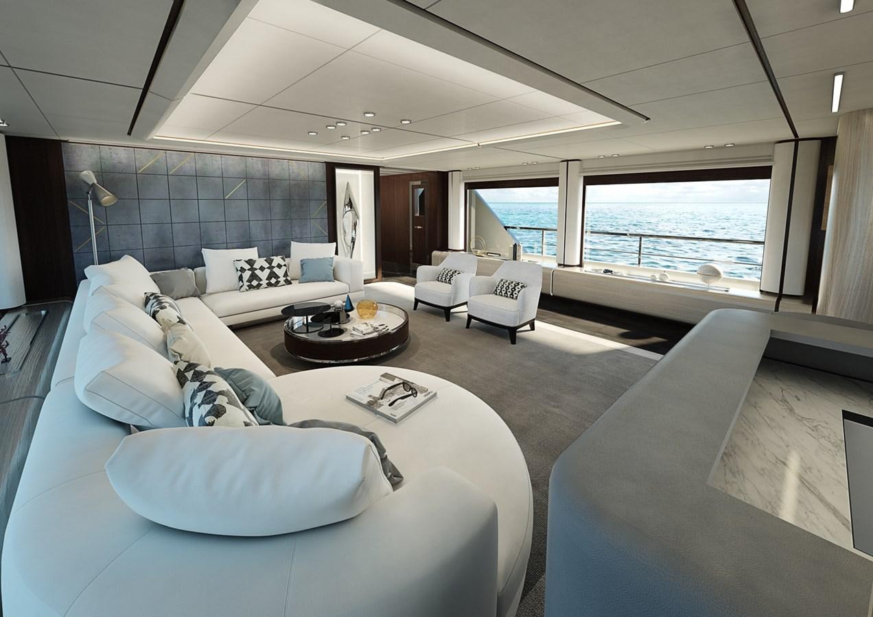 a large modern living room aboard CROSSOVER Yacht for Sale