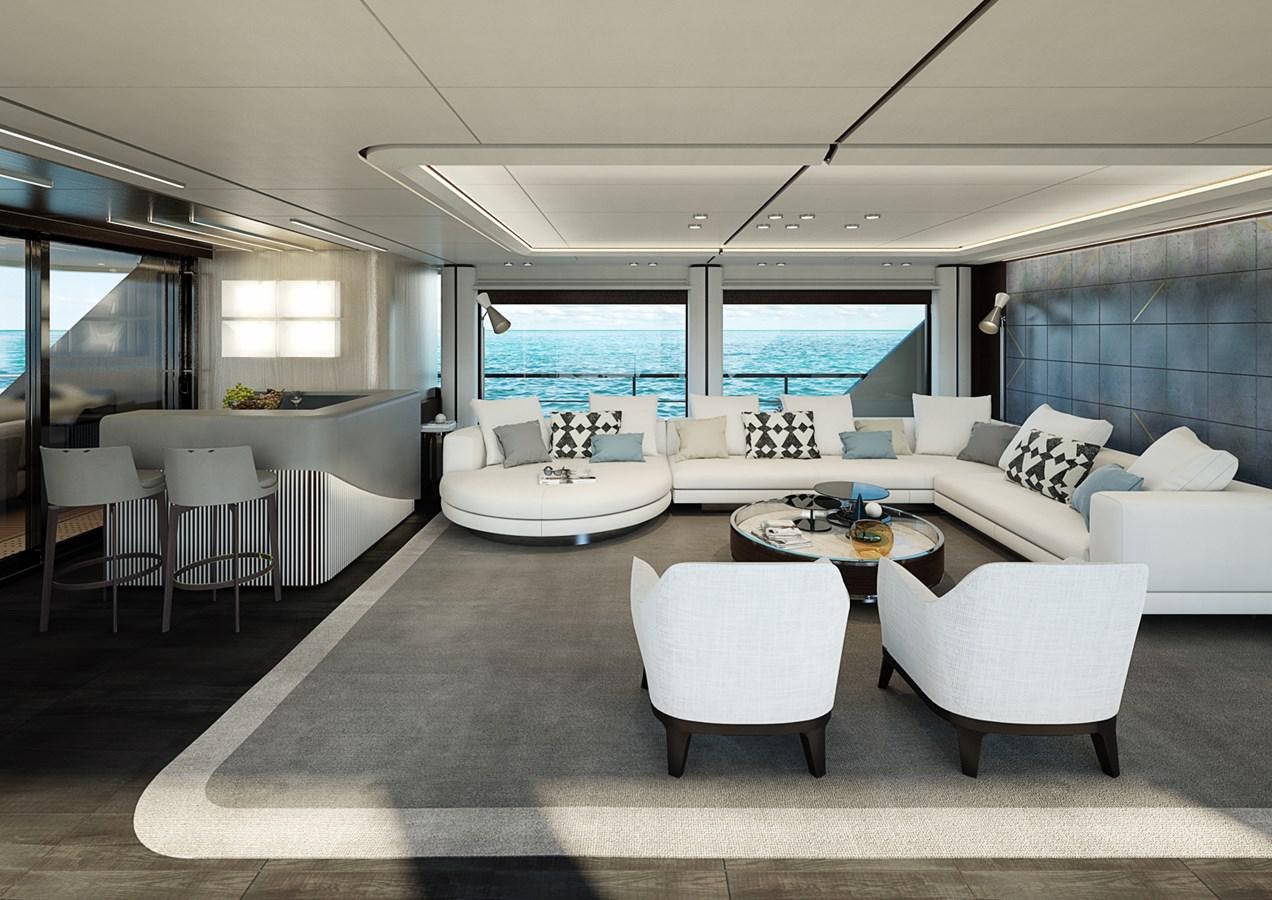 a living room with a large window aboard CROSSOVER Yacht for Sale