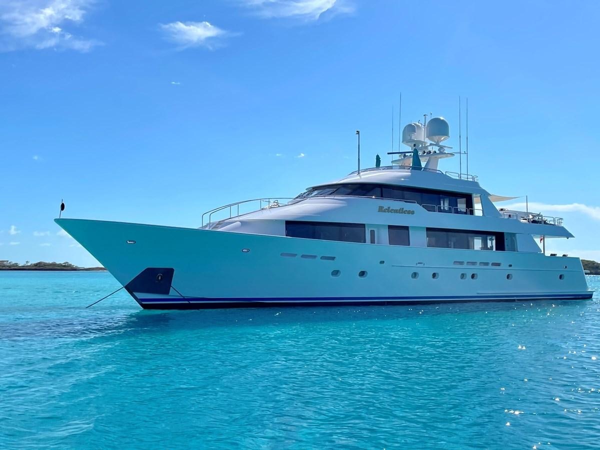 a large white boat in the water aboard RELENTLESS Yacht for Sale