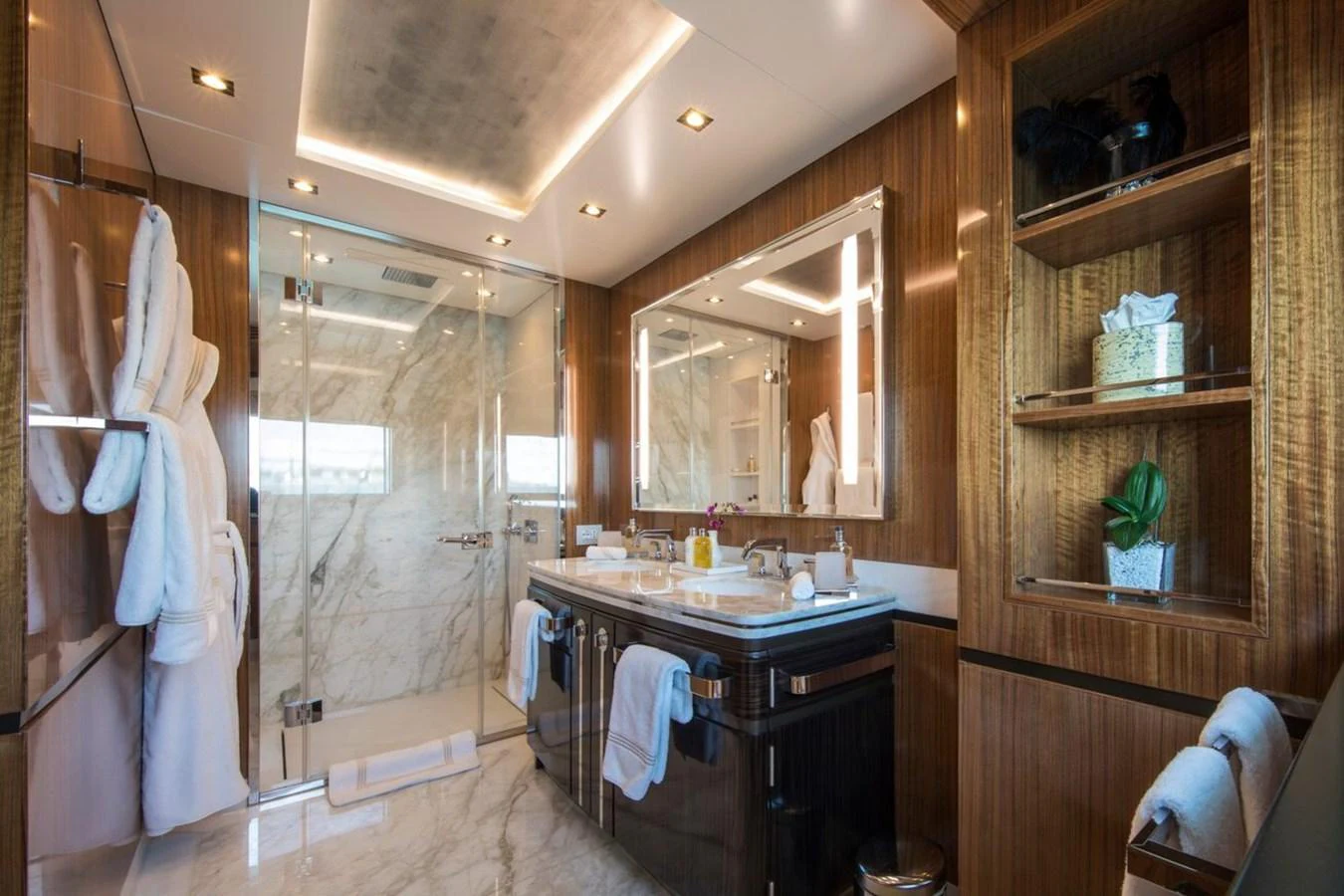 a bathroom with a glass shower aboard SPRING Yacht for Sale
