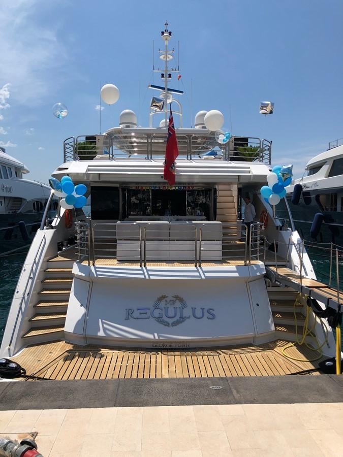a boat with a sign on the front aboard REGULUS Yacht for Sale
