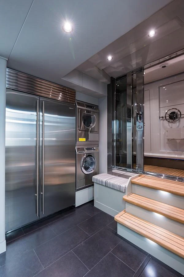 a modern bathroom with stainless steel appliances aboard PEPPER XIII Yacht for Sale