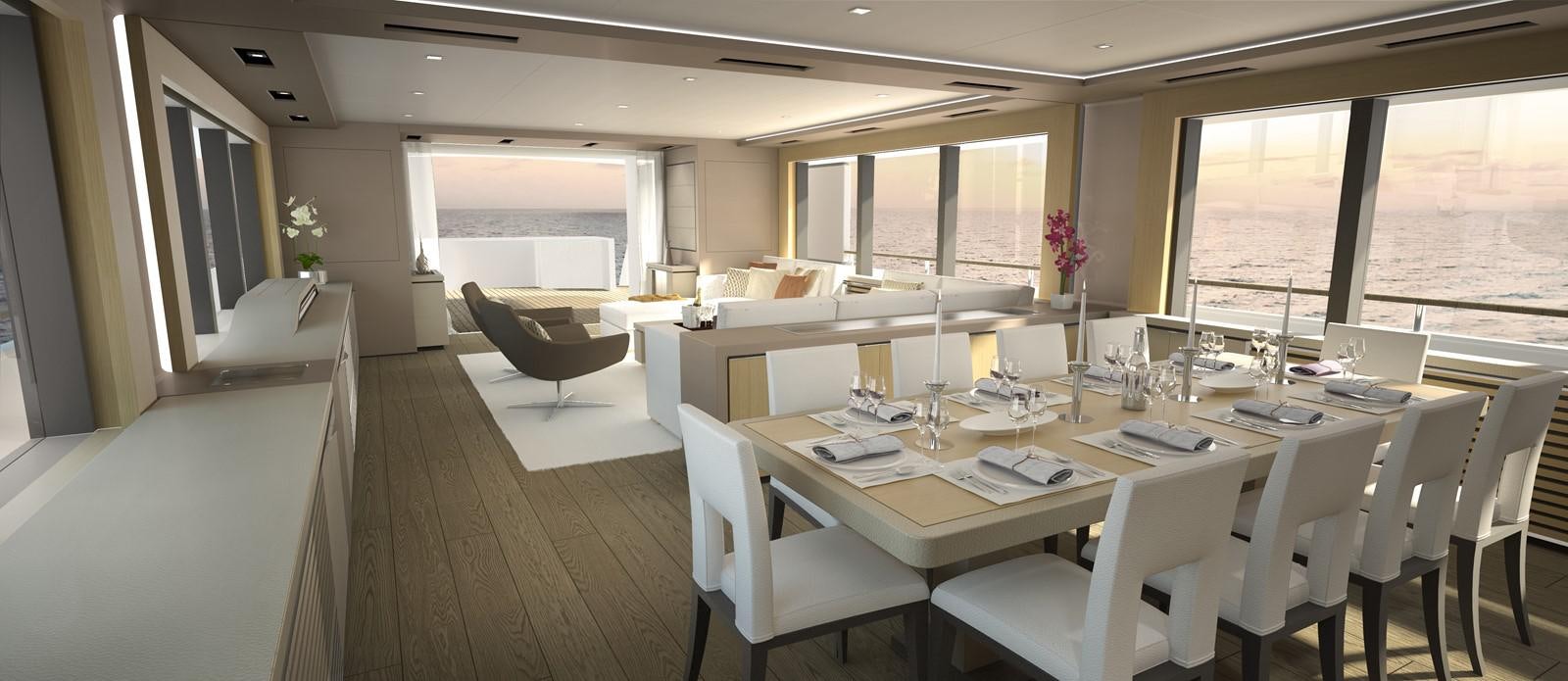 a large conference room with a table and chairs aboard DARNET 38 M MODERN EXPLORER Yacht for Sale