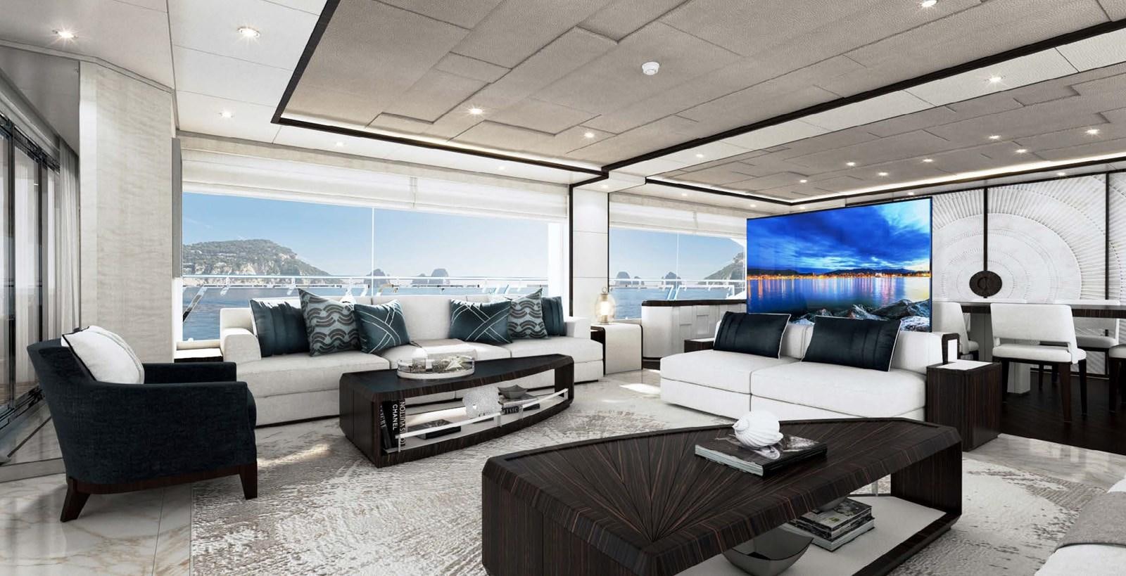 a large living room with a large screen aboard OLIVIA Yacht for Sale