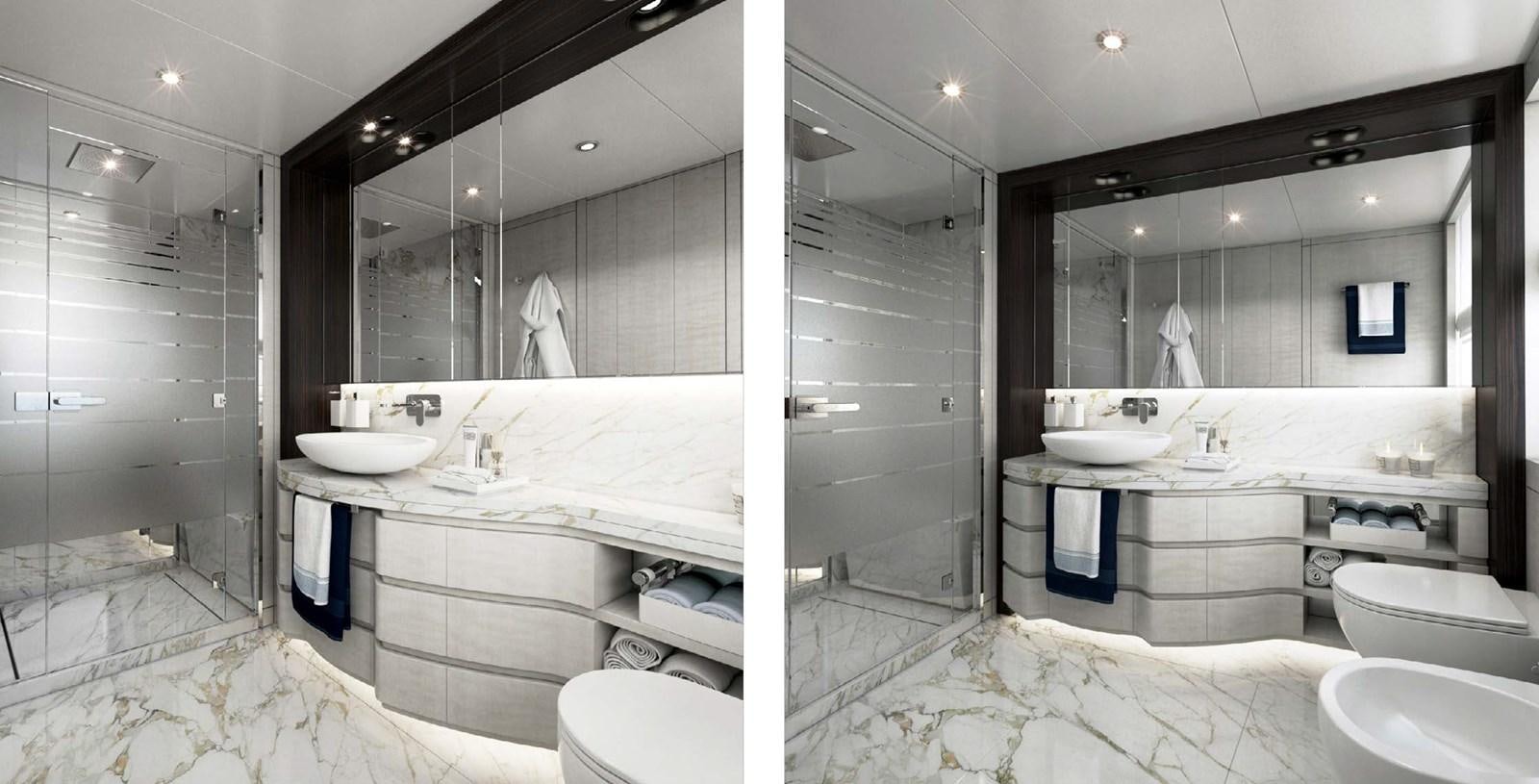 a bathroom with a large mirror aboard OLIVIA Yacht for Sale