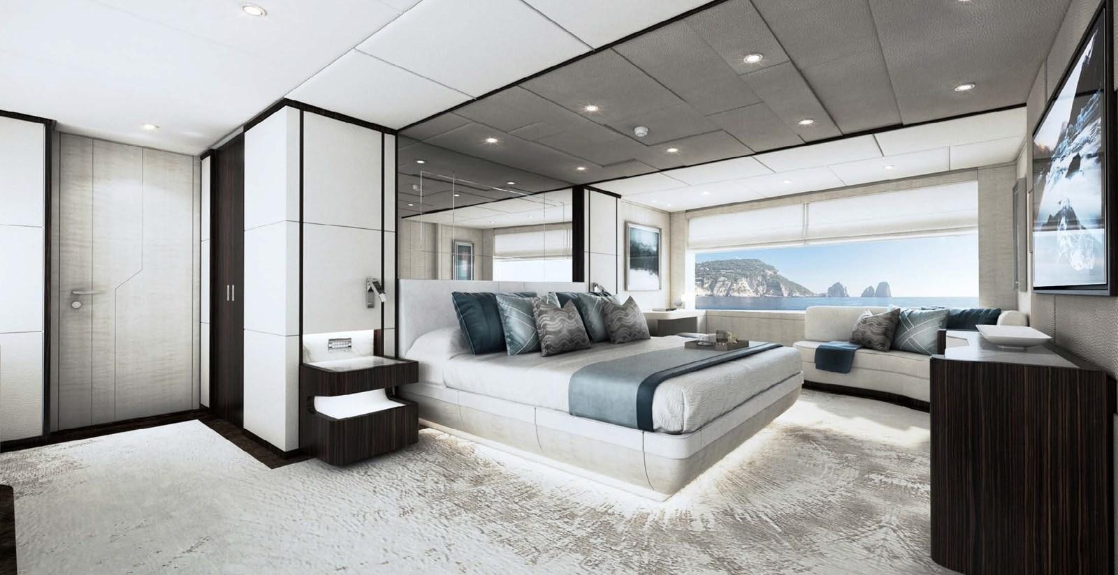 a large white bed in a room aboard OLIVIA Yacht for Sale