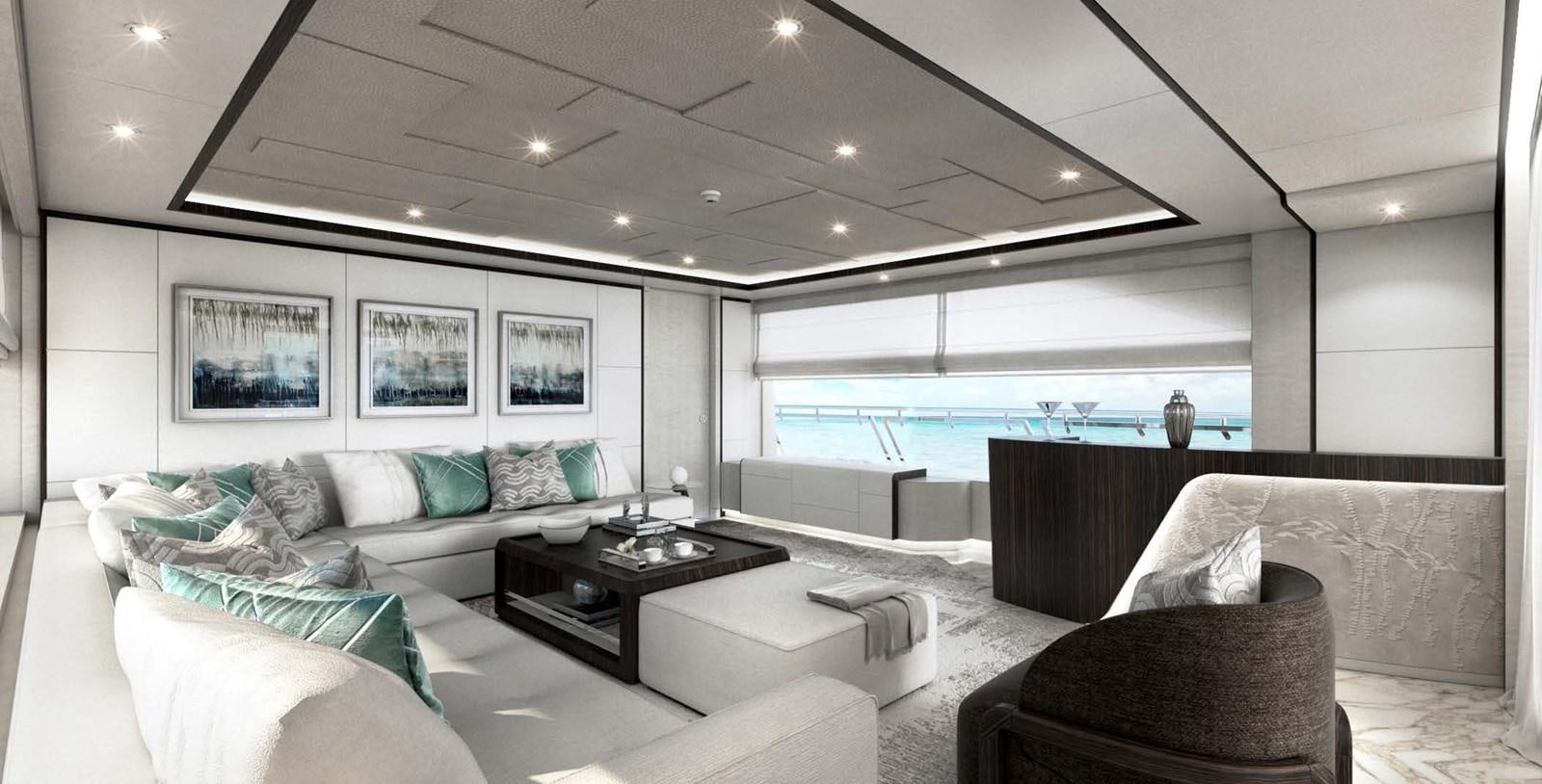 a living room with a large window aboard OLIVIA Yacht for Sale
