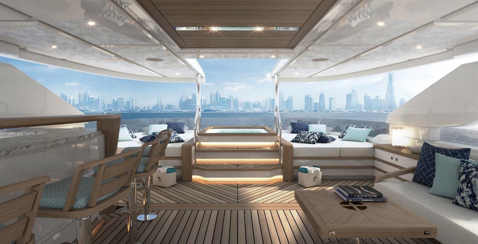 a deck with a view of the city and water aboard OLIVIA Yacht for Sale