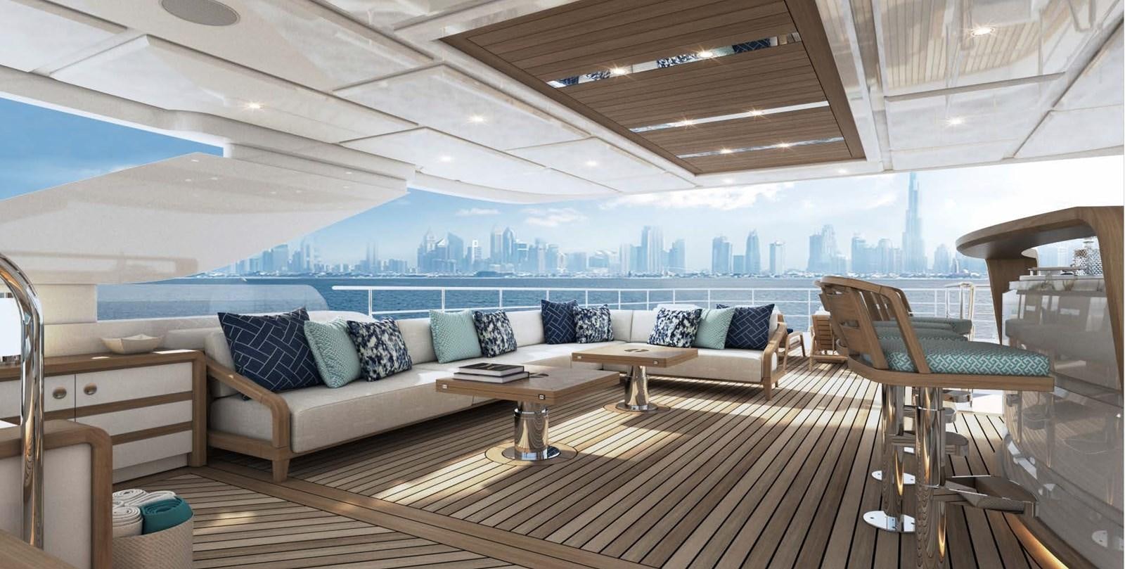 a large living room with a large balcony aboard OLIVIA Yacht for Sale