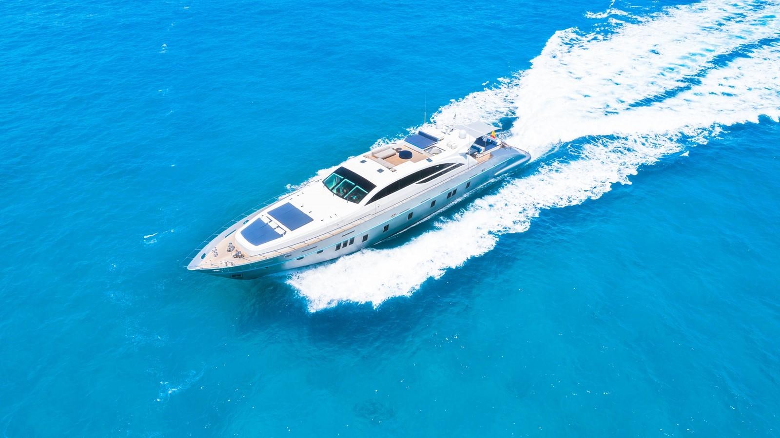 a high angle view of a military ship in the water aboard EVA Yacht for Sale