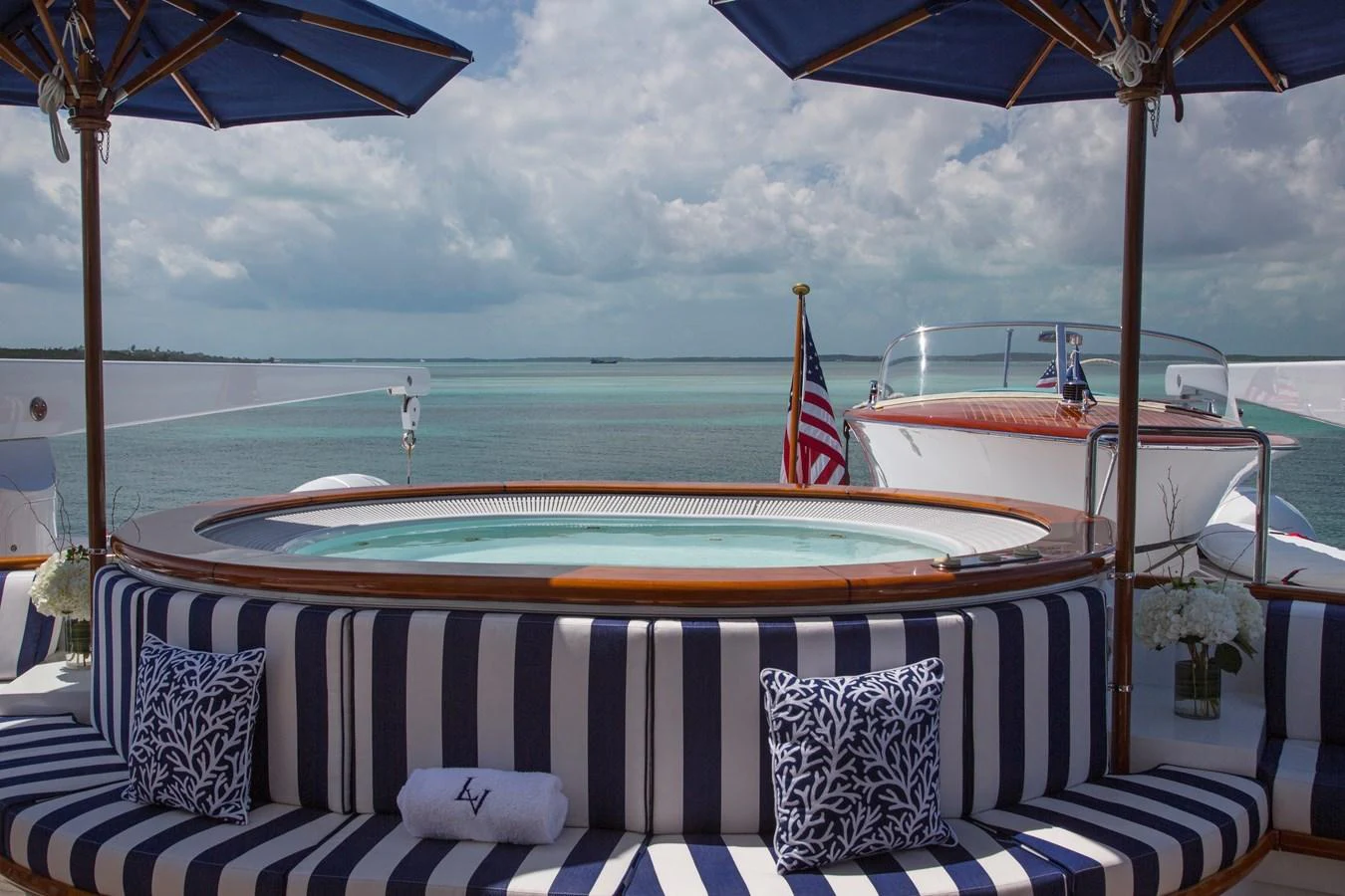 a table with chairs and umbrellas on it aboard LADY VICTORIA Yacht for Sale