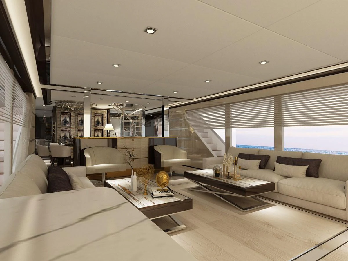 a living room with a large window aboard BERING B117 Yacht for Sale