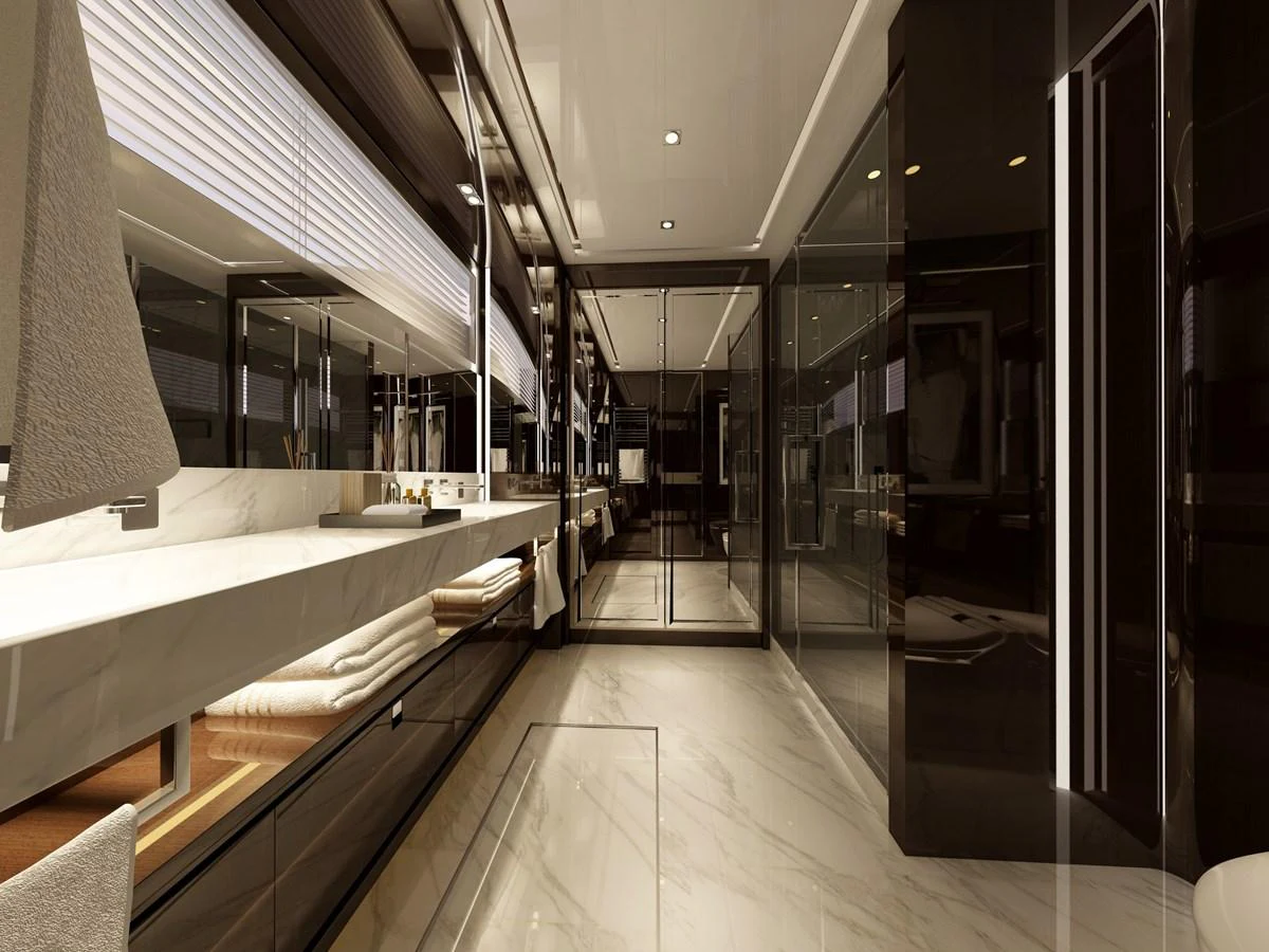 a hallway with several doors aboard BERING B117 Yacht for Sale