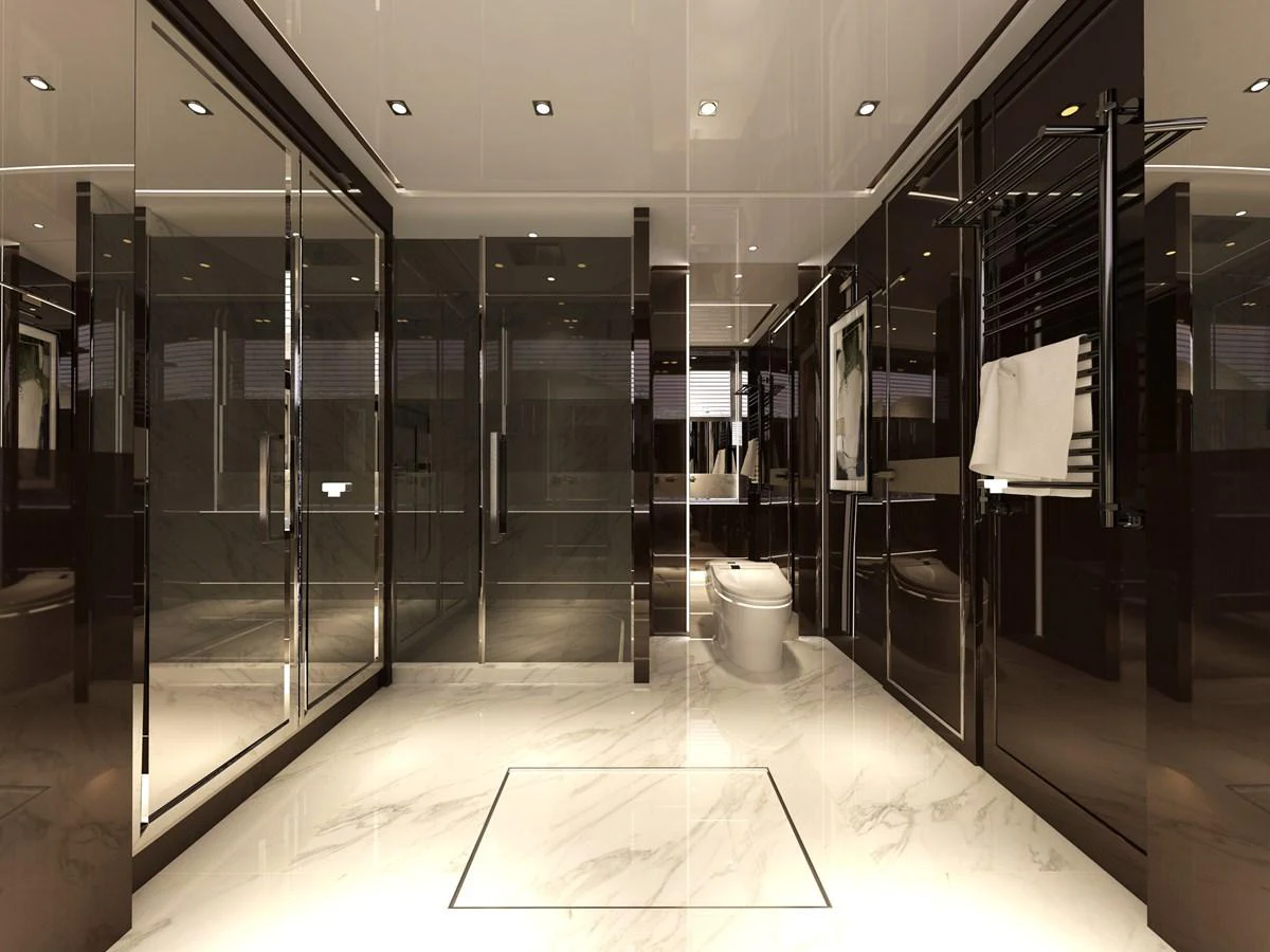 a large room with glass walls aboard BERING B117 Yacht for Sale