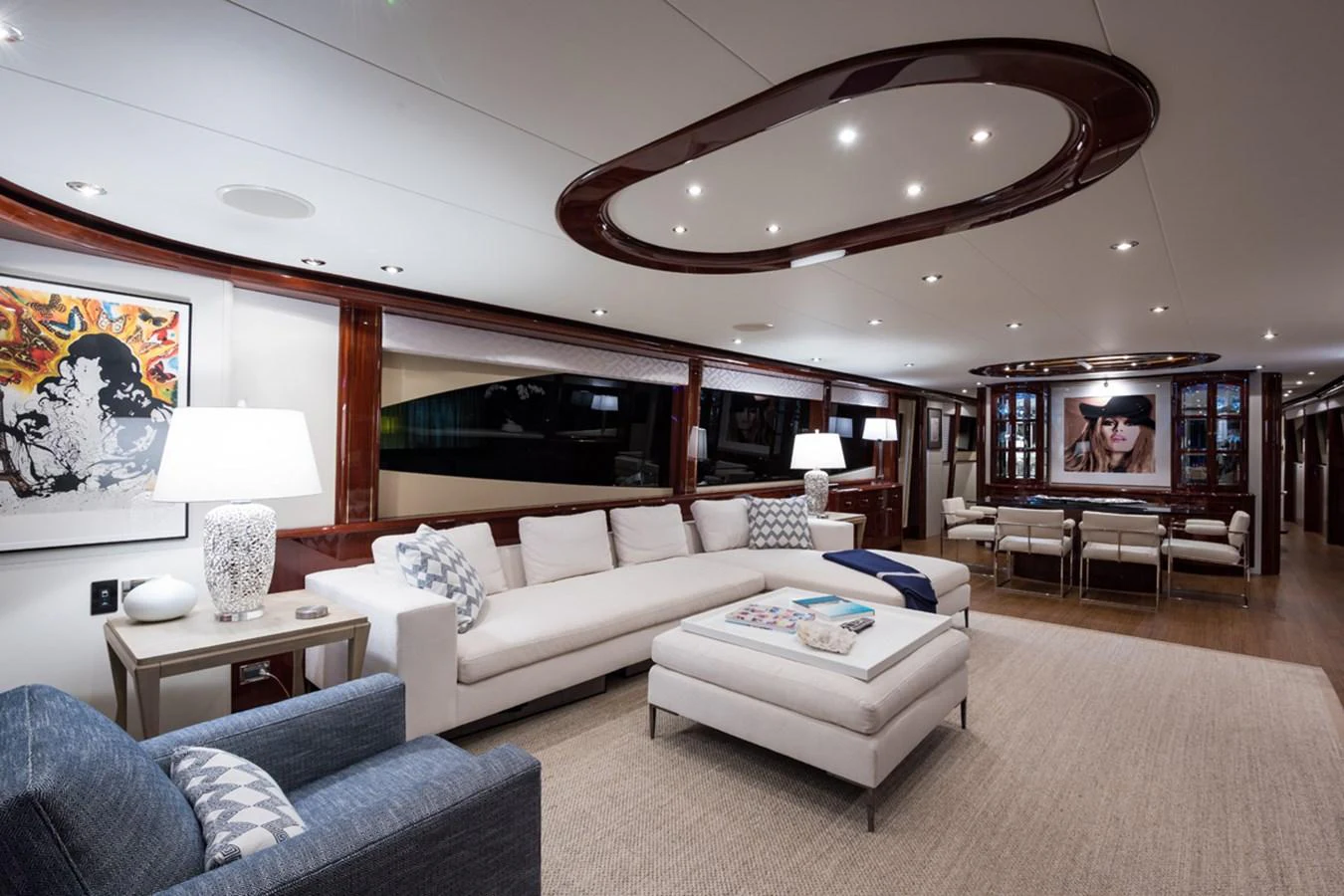 a living room with a large ceiling aboard MONEY FOR NOTHING Yacht for Sale