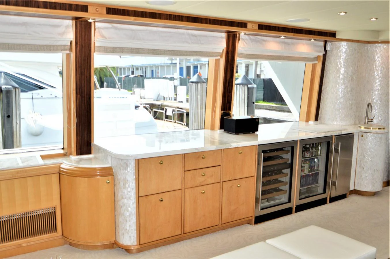 a kitchen with a large window aboard MISS STEPHANIE Yacht for Sale